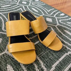 French Connection Mustard Yellow Croc-Embossed Double Strap Slide Mules
